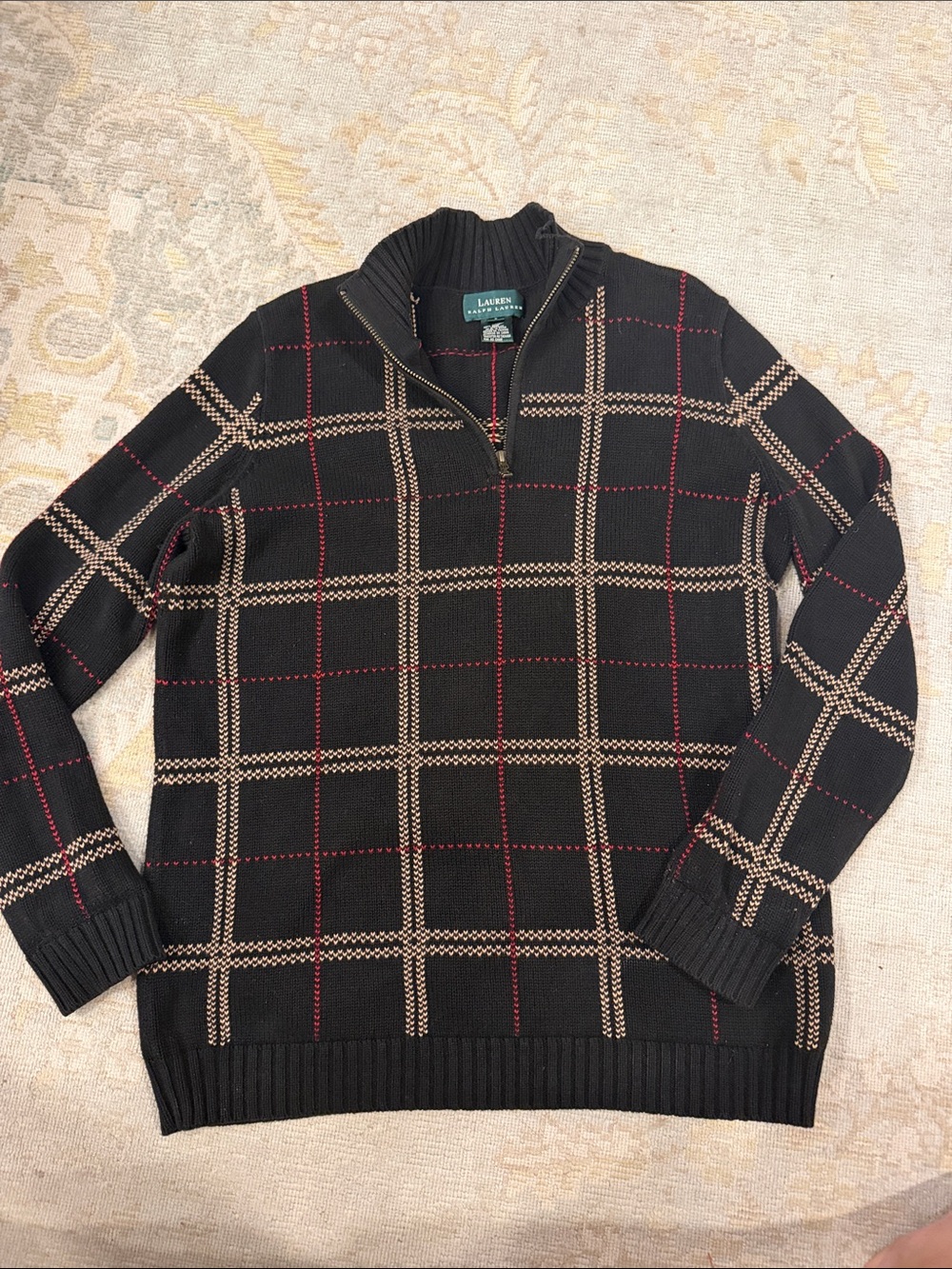 Lauren Ralph Lauren Black Plaid Zip-Neck Sweater with Beige and Red Windowpane